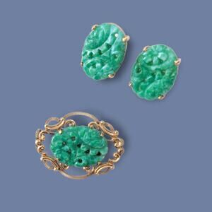 VTG Van Dell Brooch & Earrings GF Gold Filled Faux Jade Green Peking Glass